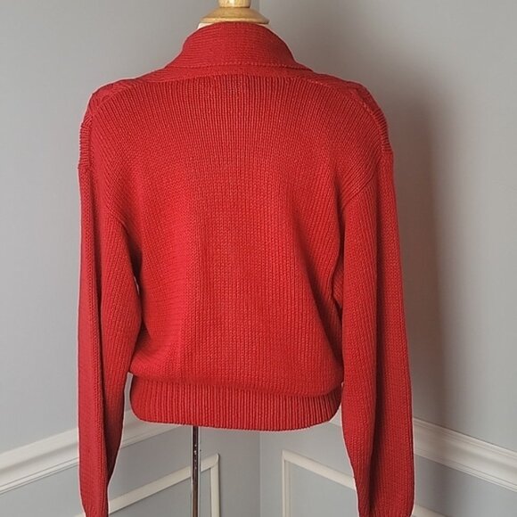 CRAZY HORSE Red Grandpa Collared Deep V-Neck Knit Button Cardigan Sweater L VTG - Picture 3 of 13